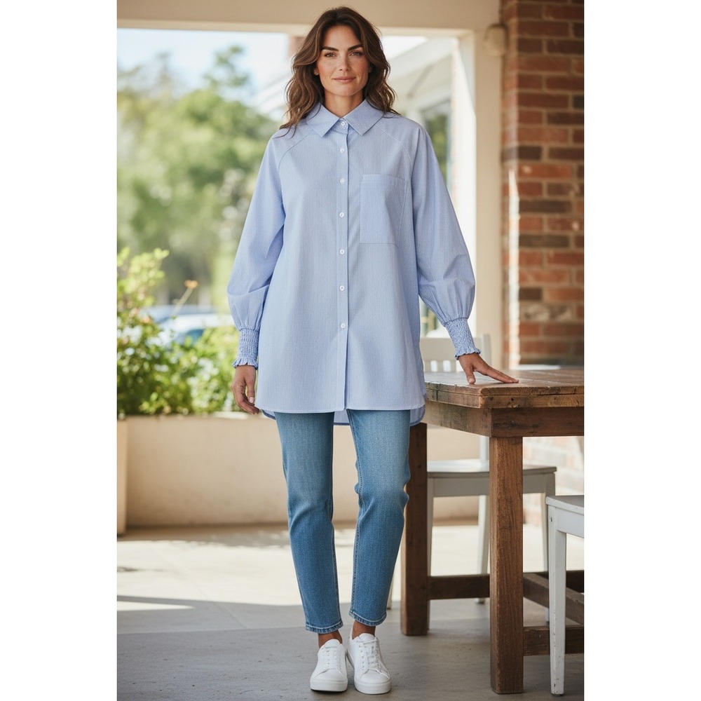 Striped Button Up Shirt Women Blue‎ White Long Sleeve Smocked Cuff Tunic